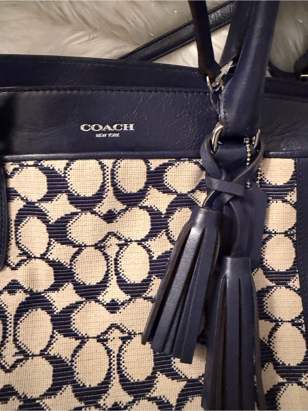 Vintage Coach Navy and Cream Signature Satchel with Tassels - Picture 3 of 4